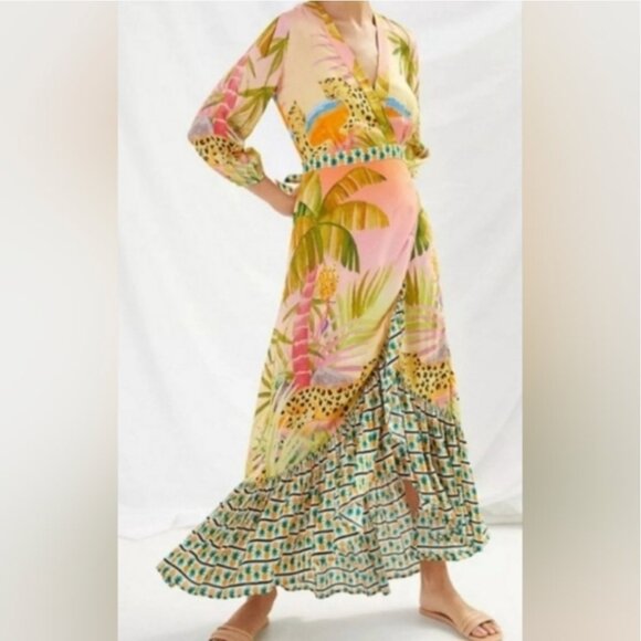 Farm Rio Tiger Tropical Print Wrap Maxi Dress size L - Picture 1 of 9